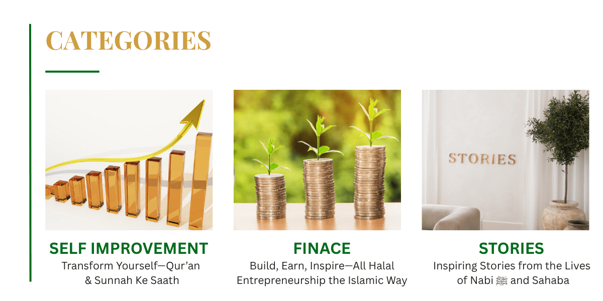 Islamic blog website categories—Self Improvement, Finance, and Stories with growth, money, and inspiring stories visuals