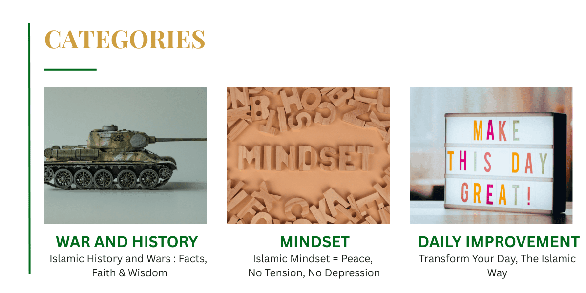 Islamic blog categories—War and History (tank model), Mindset (wooden letters), Daily Improvement (motivational lightbox)