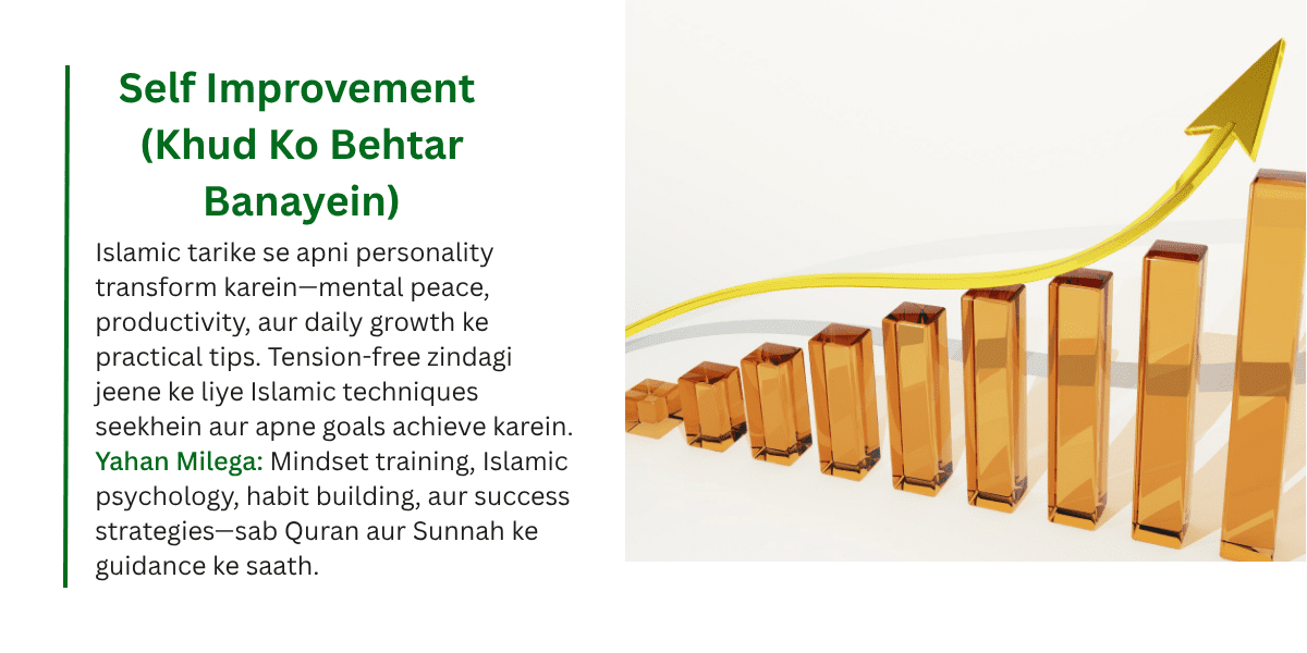 Islamic self improvement tips in Hinglish—mental peace, productivity, and growth strategies with upward graph illustration