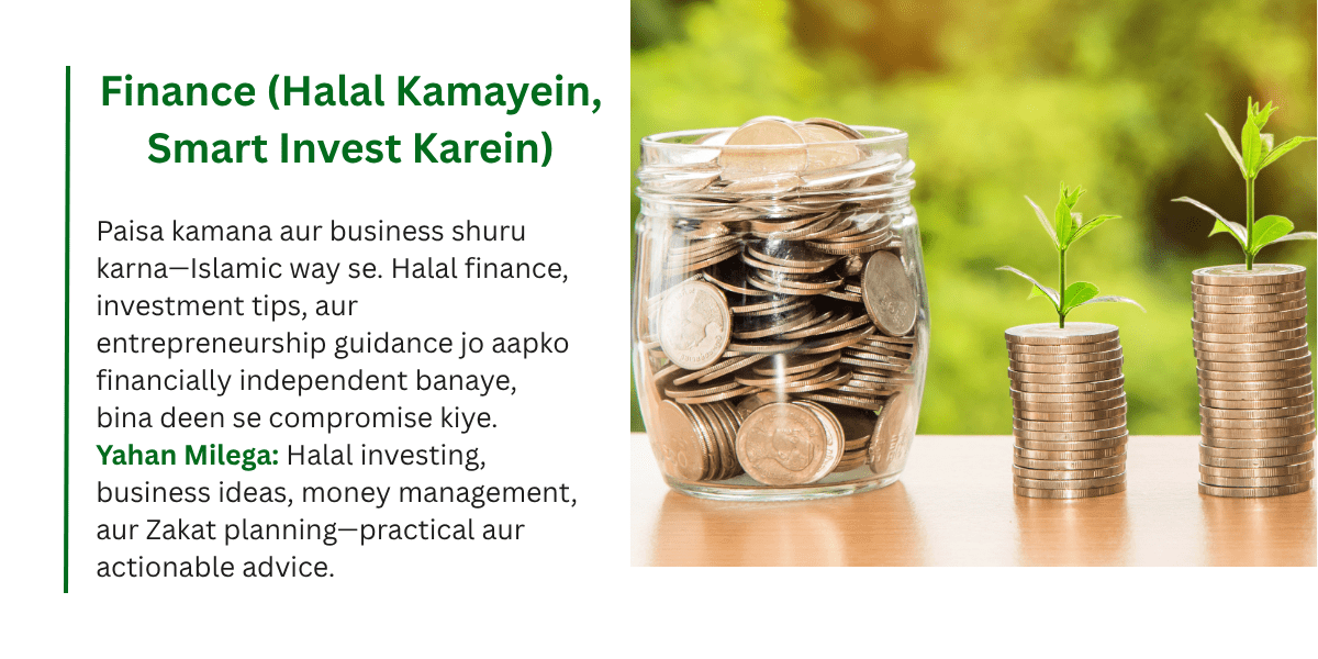 Islamic halal finance and smart investment tips in Hinglish—jar of coins and growing money stacks with green plants