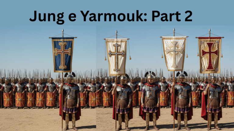 4 Roman commander poori tarah se steel war dress aur helmet mein dhaka hua hai, unke haath mein ek rangin jhanda hai jismein sone ke dhaagon se cross bana hua hai. Uske peeche Roman sena khadi hai jo poori tarah se war dress aur helmet mein hai, jismein bade spear (bhaale) bhi hain. Scene ek khule maidan mein hai jahan upar neela aasmaan dikh raha hai.