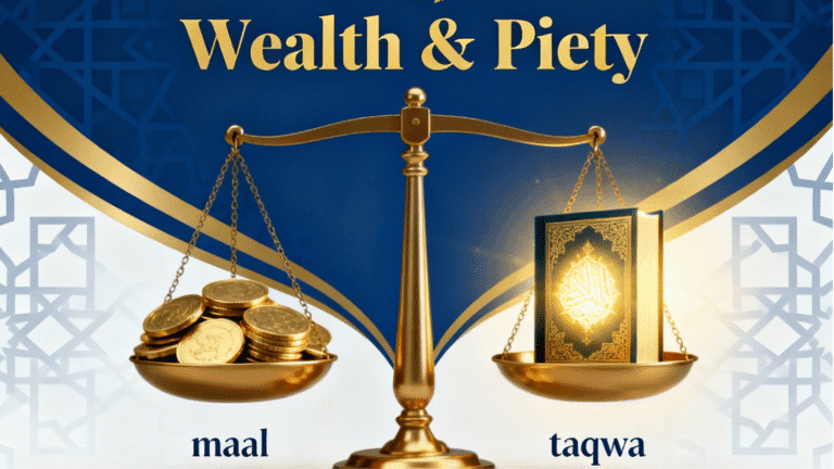 Balance of Wealth and Taqwa - Islamic Blog Cover Image maal Islamic blog cover image showing balance scale with gold coins and glowing Quran representing wealth and piety"