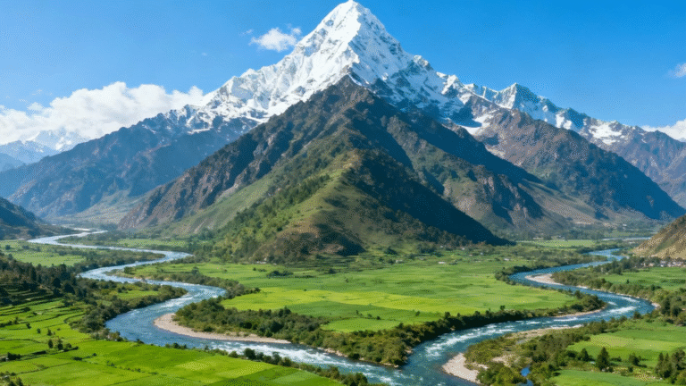 sare jaha beauty of Hindustan A majestic Himalayan-style mountain with peaks touching the sky, standing tall like a protector. Flowing rivers and streams spread across lush, green, and fertile land beneath a clear, bright blue sky, symbolizing peace, prosperity, and natural beauty.